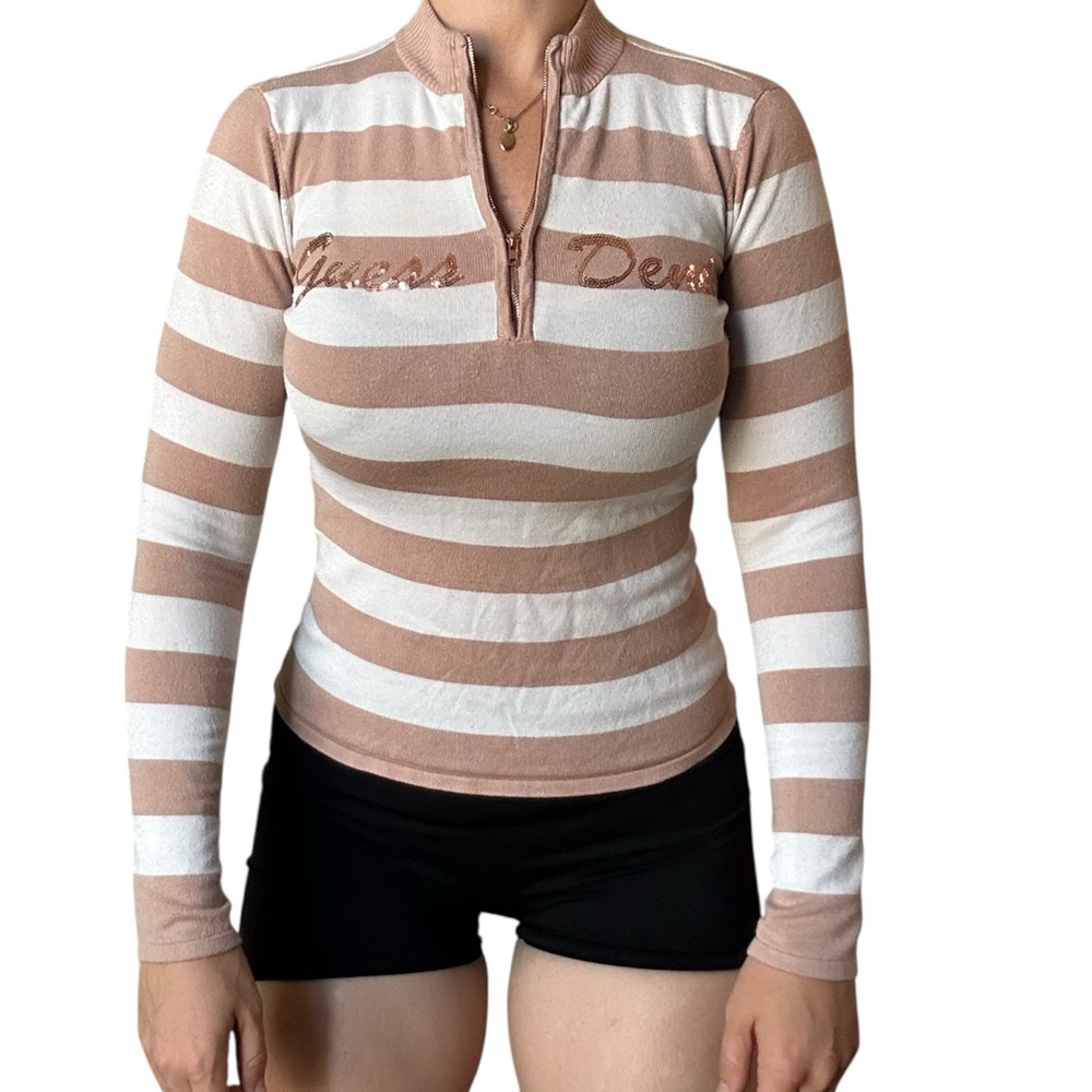 Guess Women's Tan and White Striped Sweater